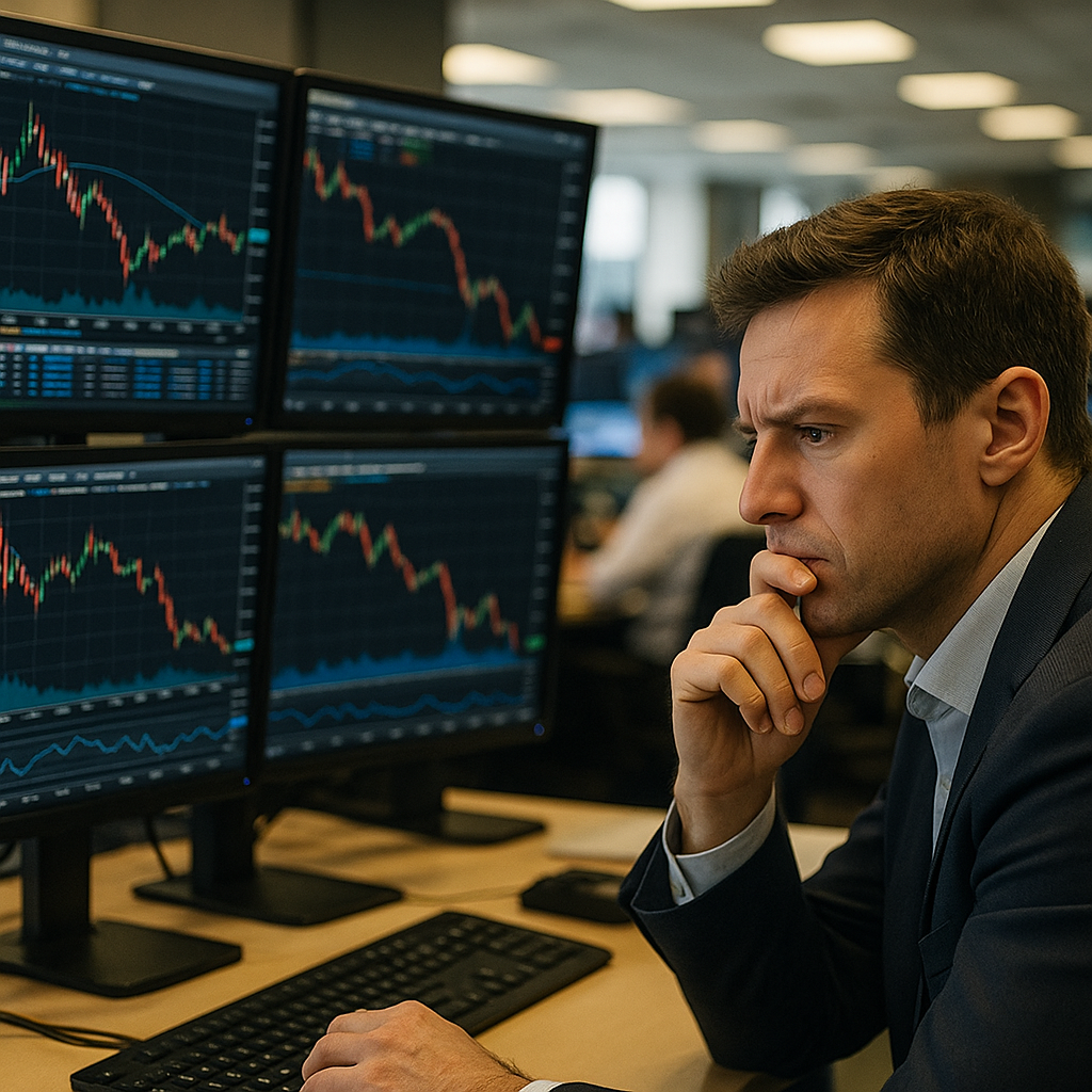A trader analyzing stock charts on multiple monitors in a bustling financial office