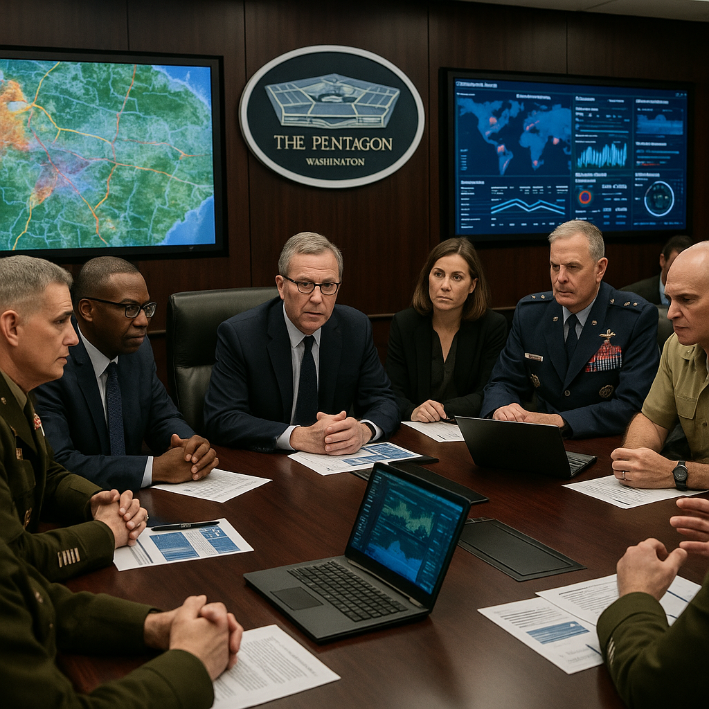 A tech-oriented Pentagon meeting room, with professionals analyzing strategy on modern digital displays