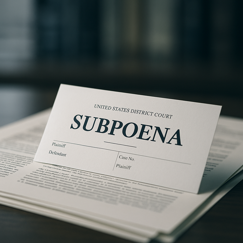 Symbolic image of blurred legal documents and a government subpoena