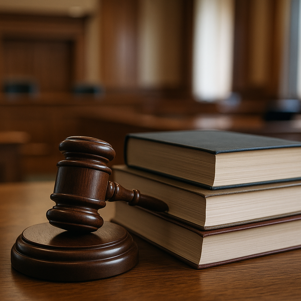 Gavel and law books in a courtroom setting