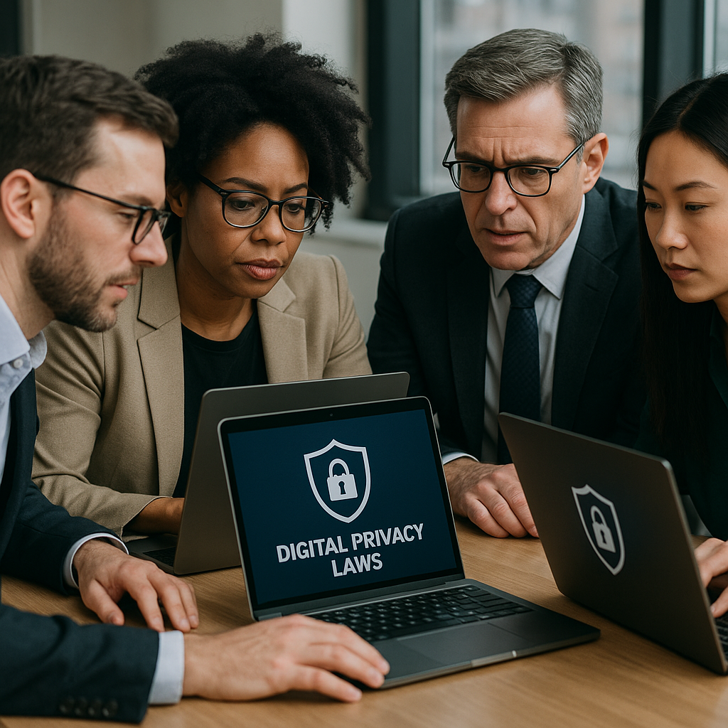 Tech analysts reviewing data privacy laws on laptops