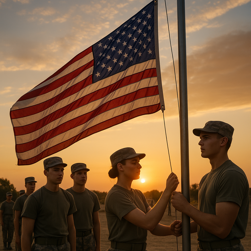 A group of young cadets participating in a flag-raising ceremony at a military boot camp
