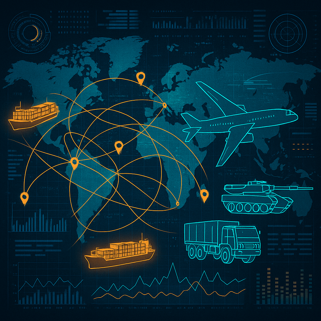 A digital rendering of global supply chain logistics data, with military and defense elements included