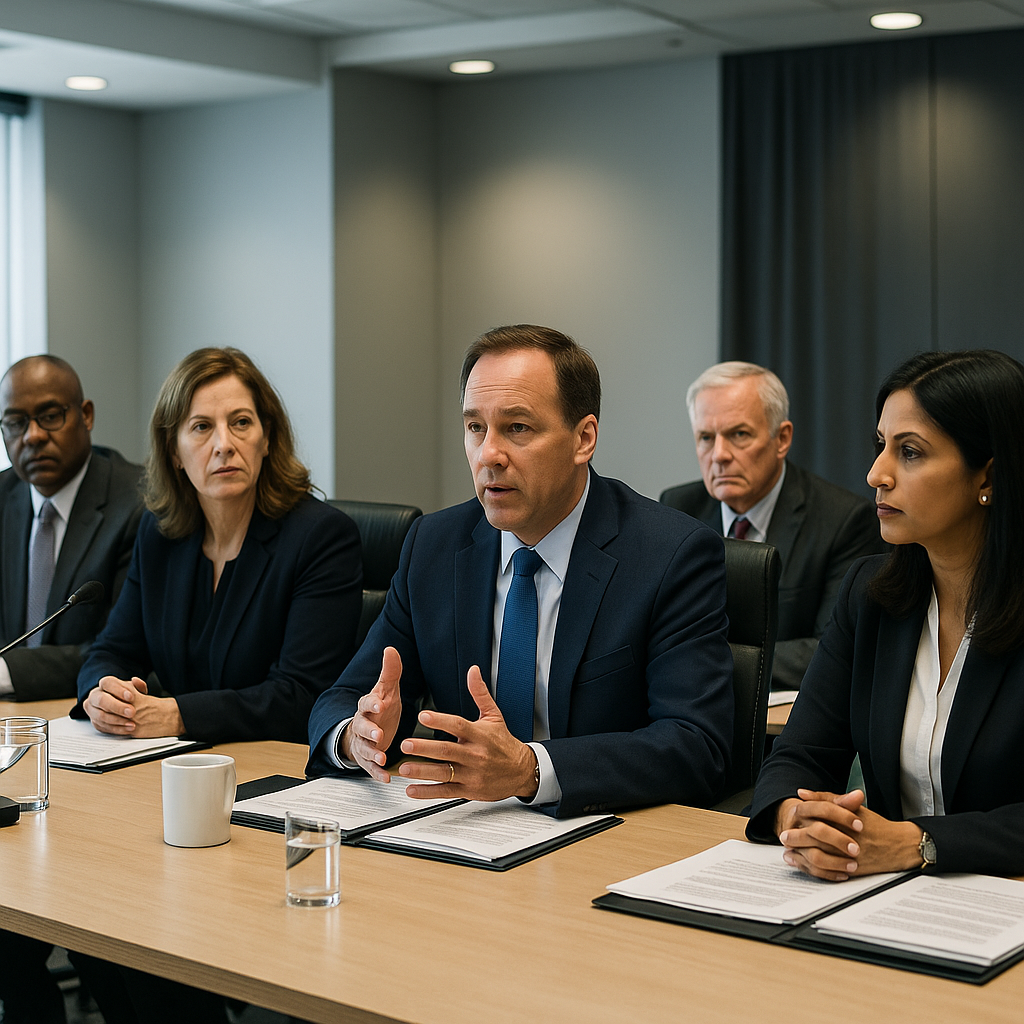 A government panel discussing national service policies in a formal conference setting