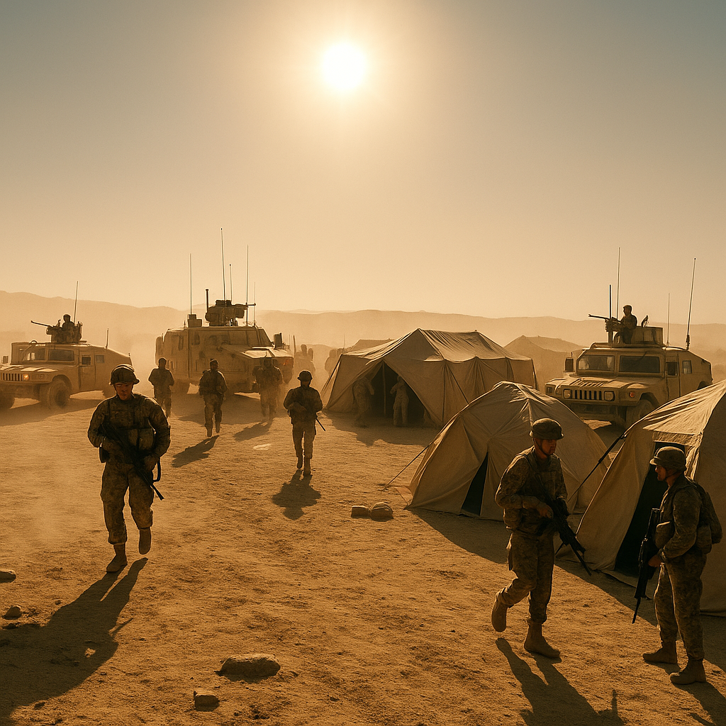 A military encampment in the desert region of the Middle East