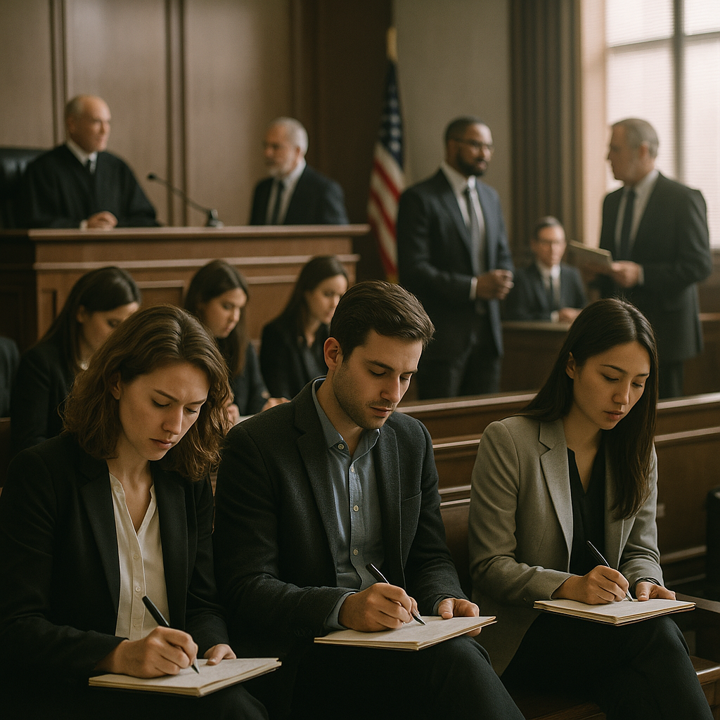 Courtroom interior with reporters and lawyers present