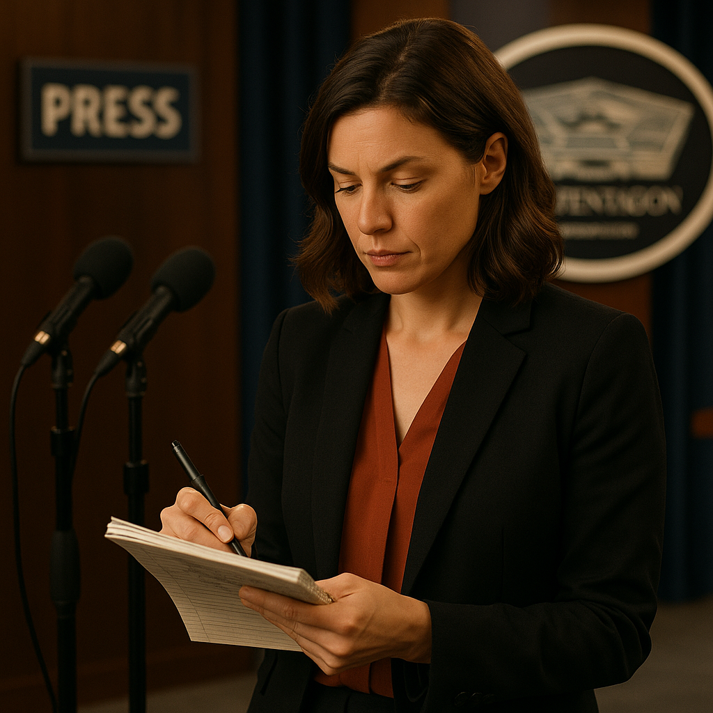 A journalist reading notes in preparation for a press briefing at the Pentagon