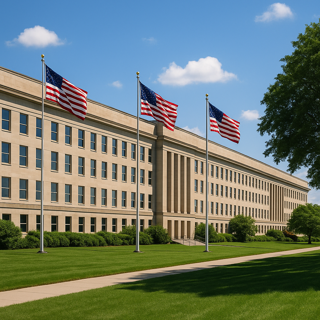 Pentagon building exterior with flags flying in the breeze