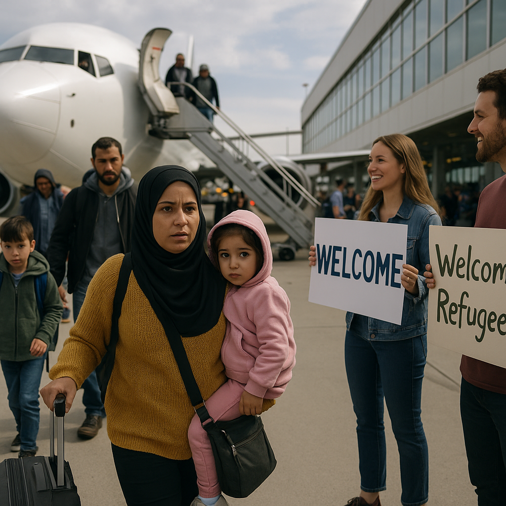 A group of South African refugees arriving in the U.S., disembarking from an airplane, welcomed by volunteers at an airport