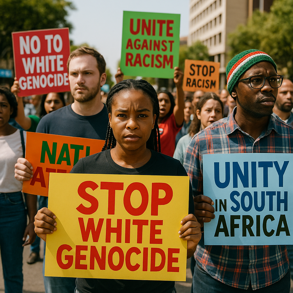 A protest in Pretoria, featuring signs rejecting claims of white genocide and advocating for national unity