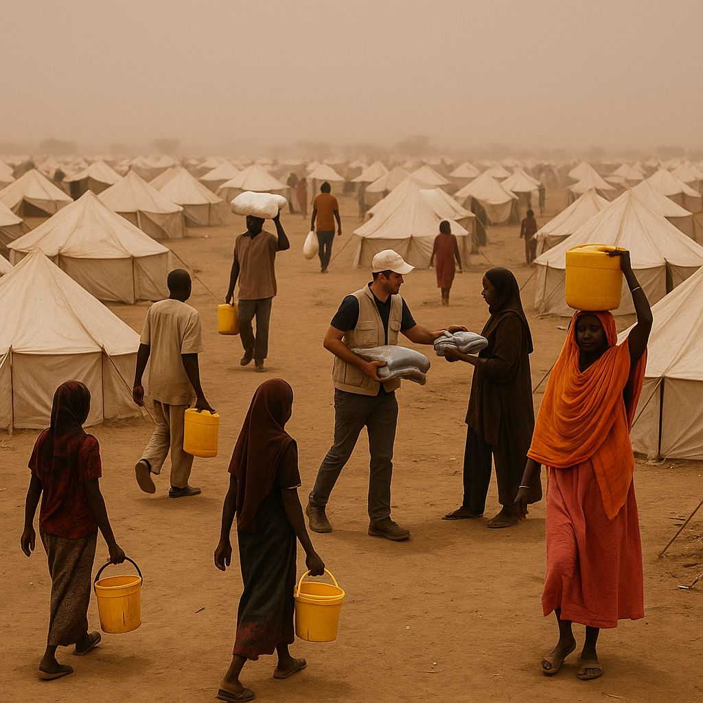 Refugees in a crowded camp in Sudan, with tents visible against a dusty horizon