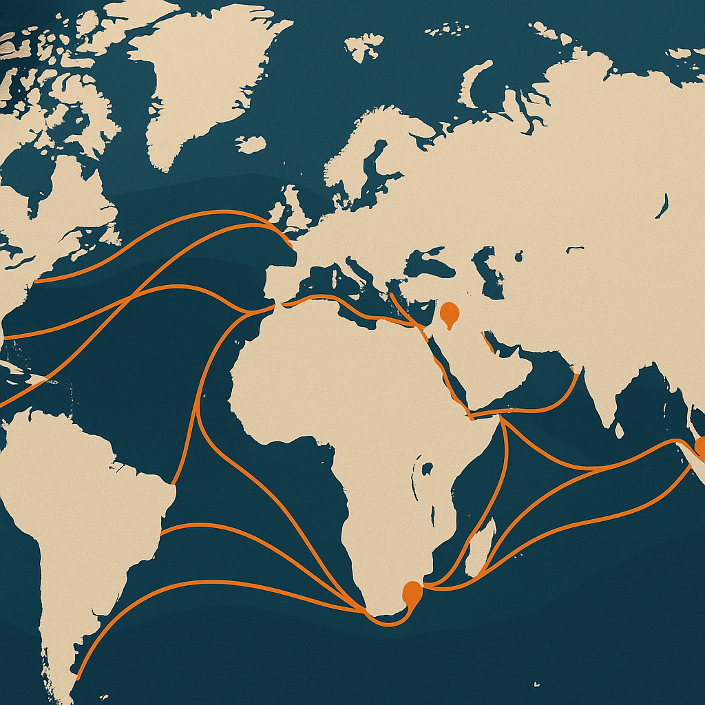 A global oil supply chain map showing major routes and chokepoints