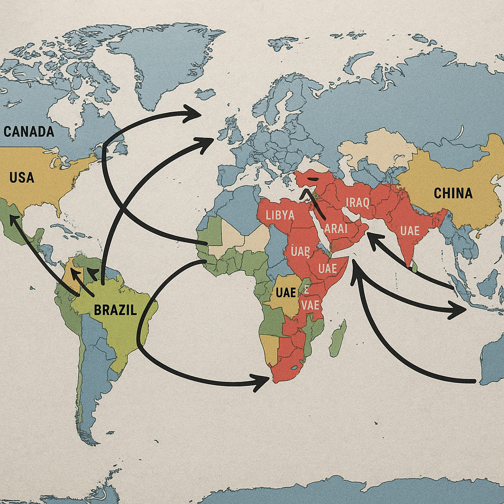 A political map marking major oil-producing nations and maritime routes
