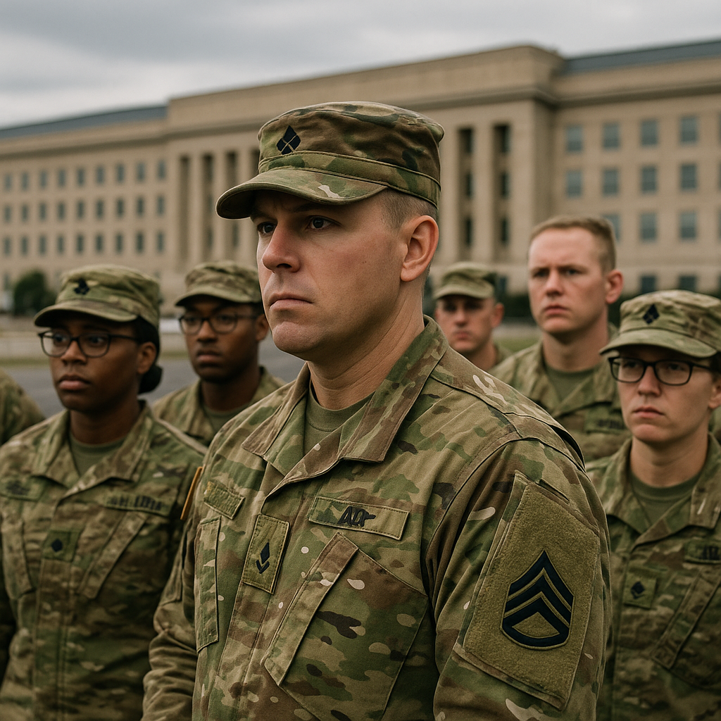 US military service members standing in formation during a briefing