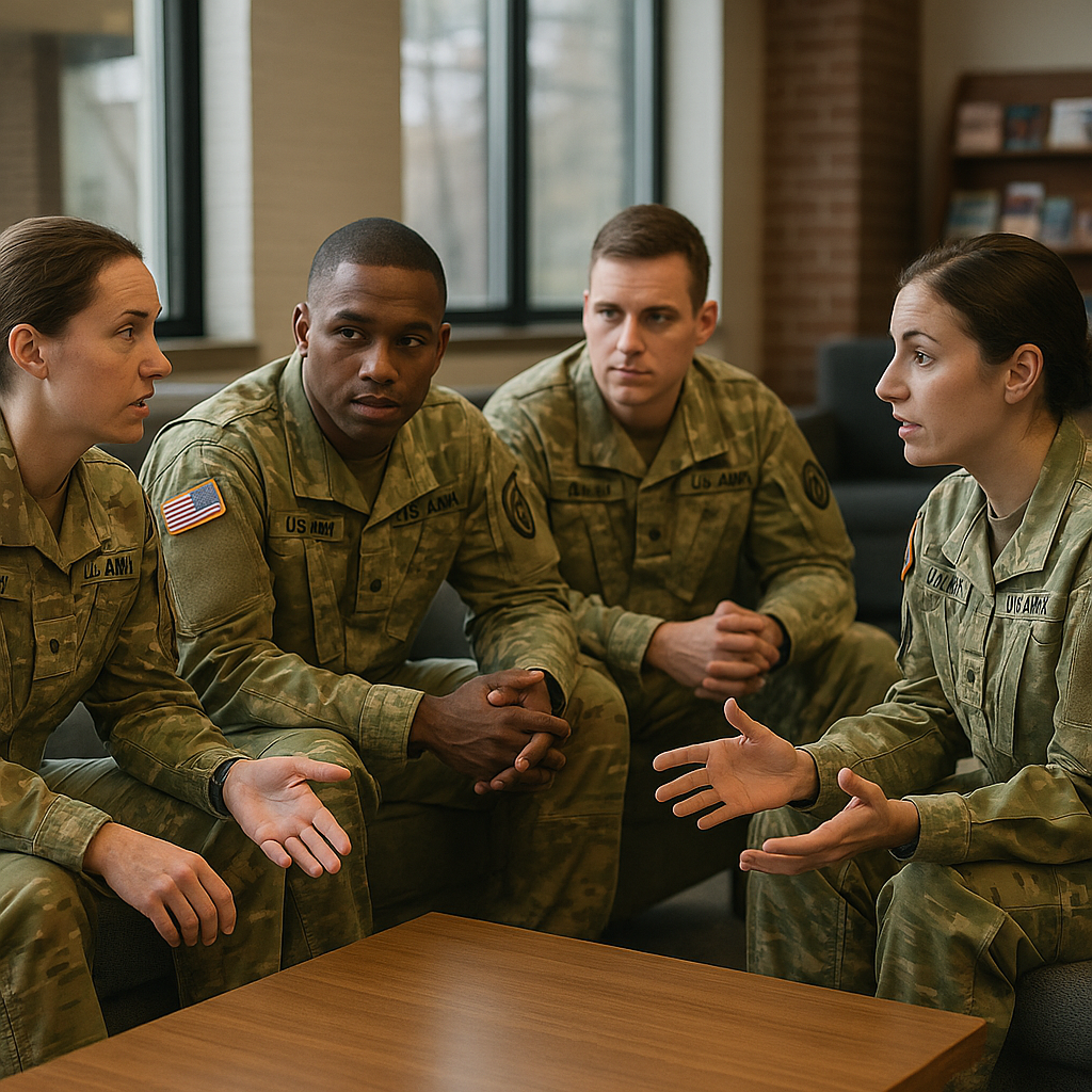 Uniformed soldiers having a candid discussion about health issues in a communal area