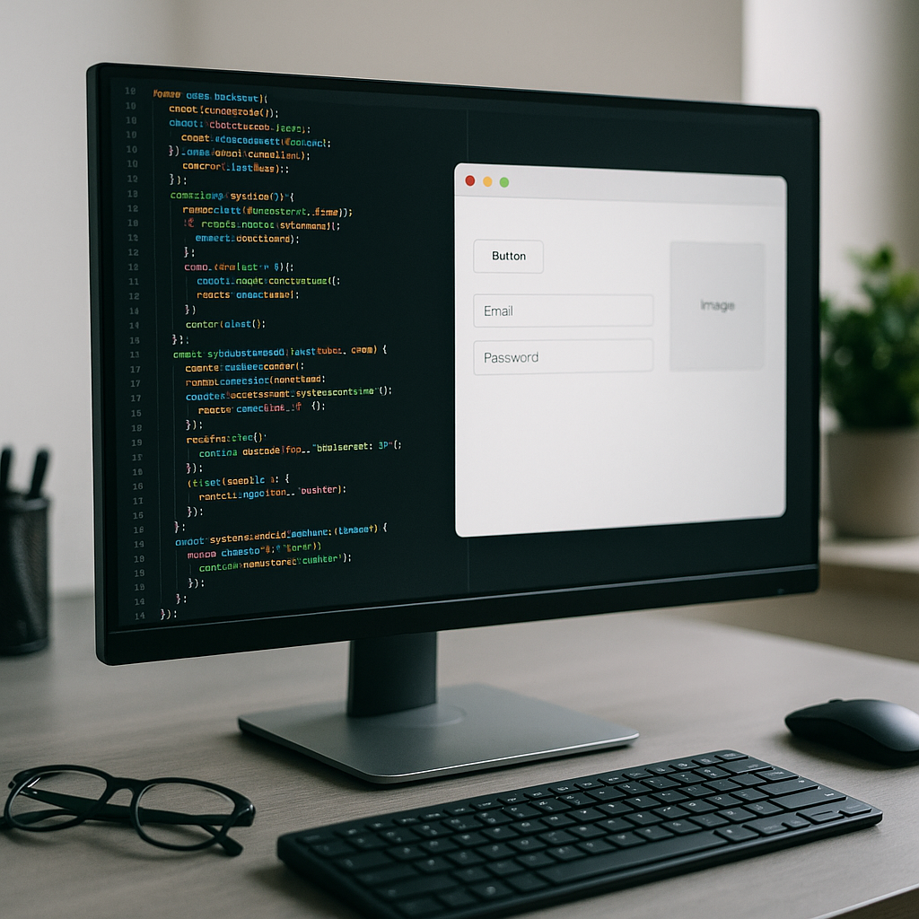 A close-up of a computer screen displaying lines of code next to a simplified user interface