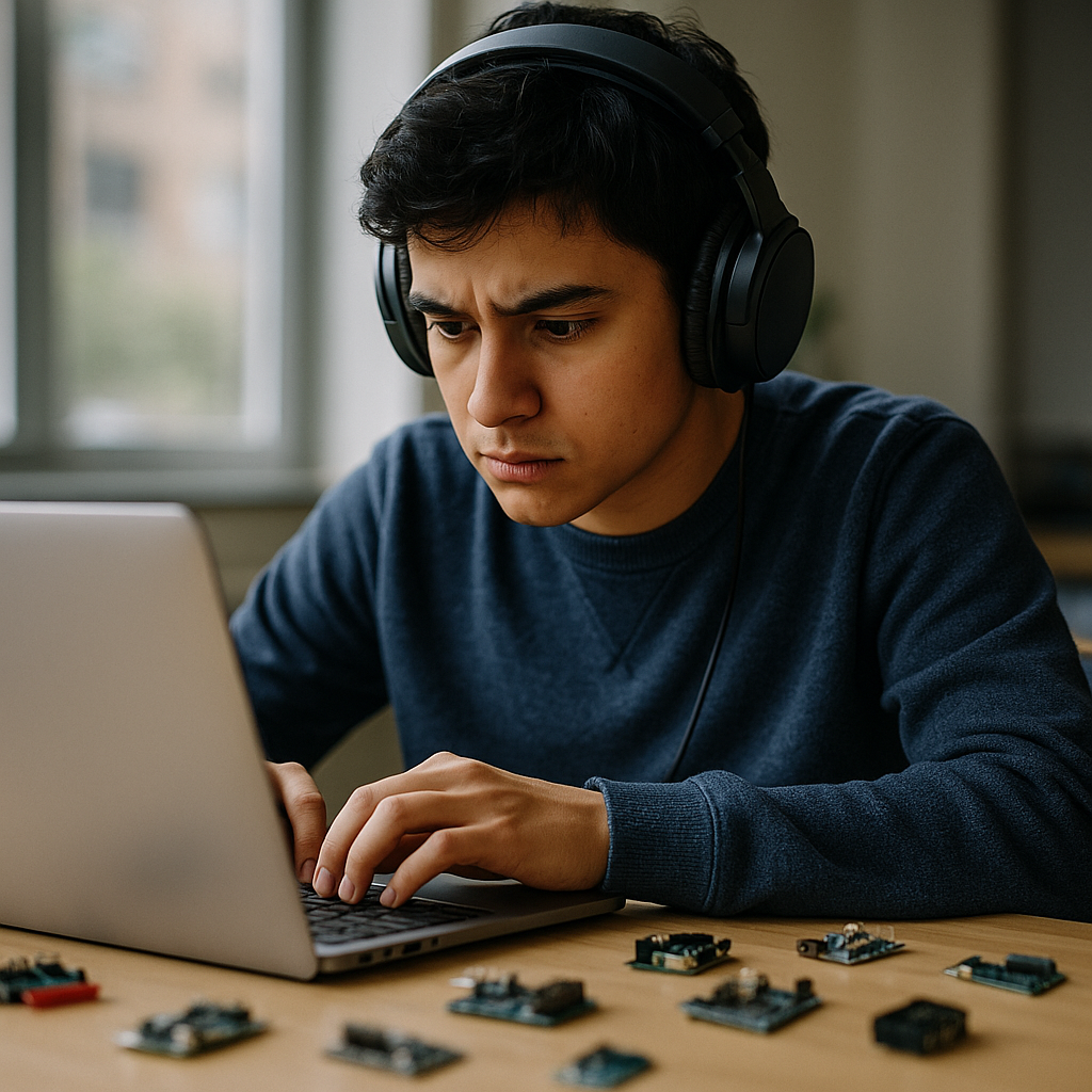 A student with headphones coding on a laptop, surrounded by small circuit boards or hardware components