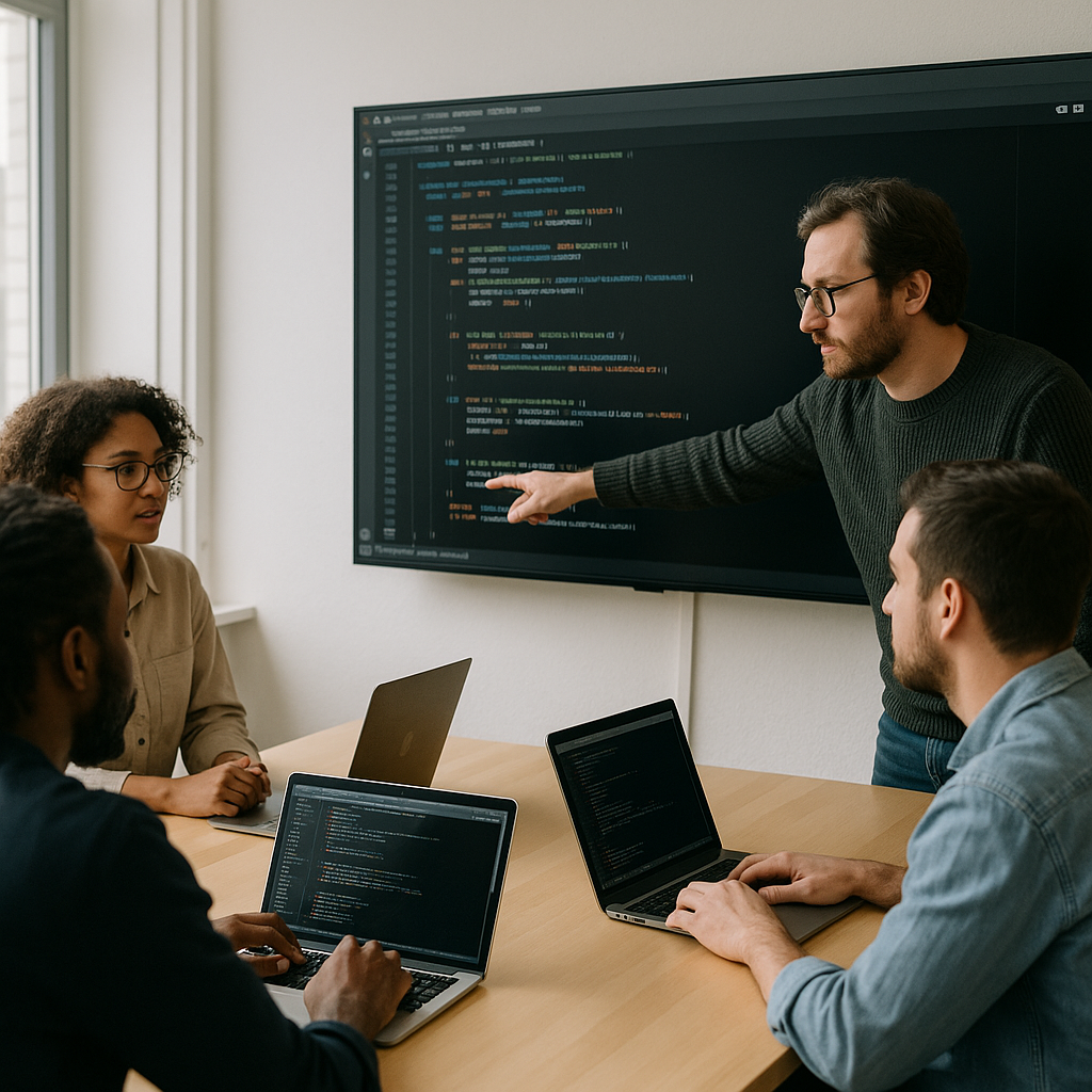 A developer team reviewing code together in a collaborative setting