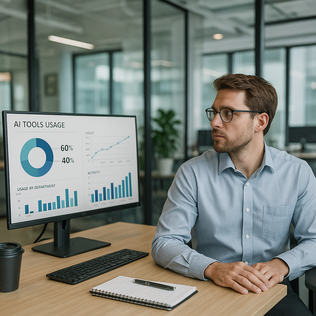 Depicts an office worker turning away from a corporate dashboard that prominently displays AI tools