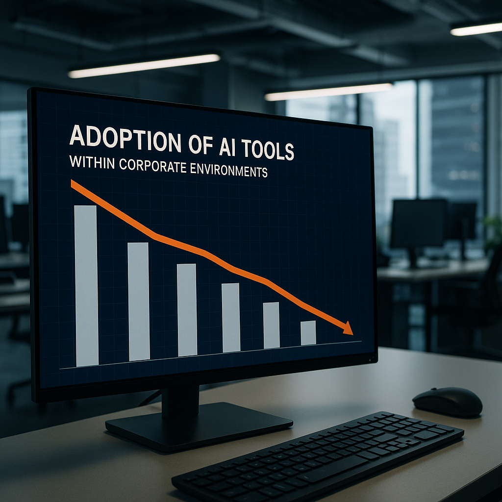 A digital chart showing declining AI tool adoption rates in the workplace