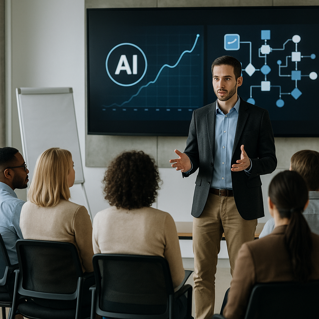 Various workers in a corporate setting discussing a confusing AI tool interface