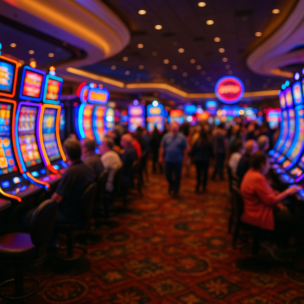 A blurred casino floor with slot machines and bright lights