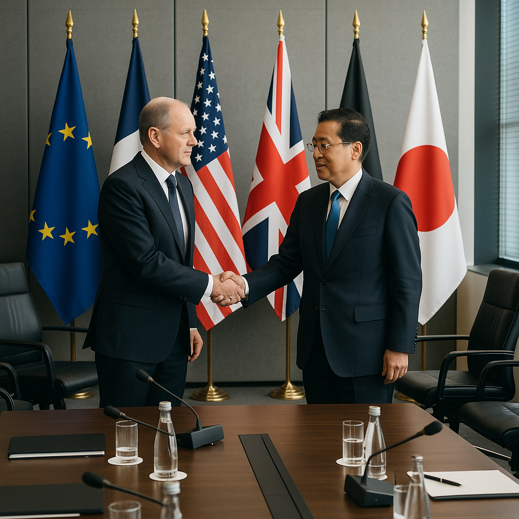 A diplomatic meeting room with international flags and leaders shaking hands