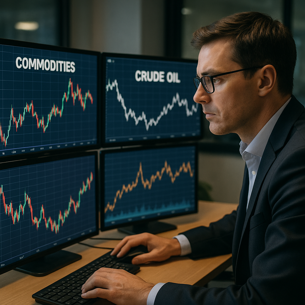 A trader analyzing stock charts on multiple monitors showing oil and commodity prices in fluctuating graphs