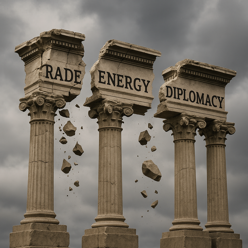 A symbolic representation of global instability, such as crumbling pillars labeled ‘trade,’ ‘energy,’ and ‘diplomacy’