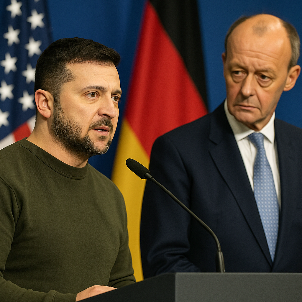 Ukrainian President Volodymyr Zelenskyy speaking at a press conference with German Chancellor Friedrich Merz