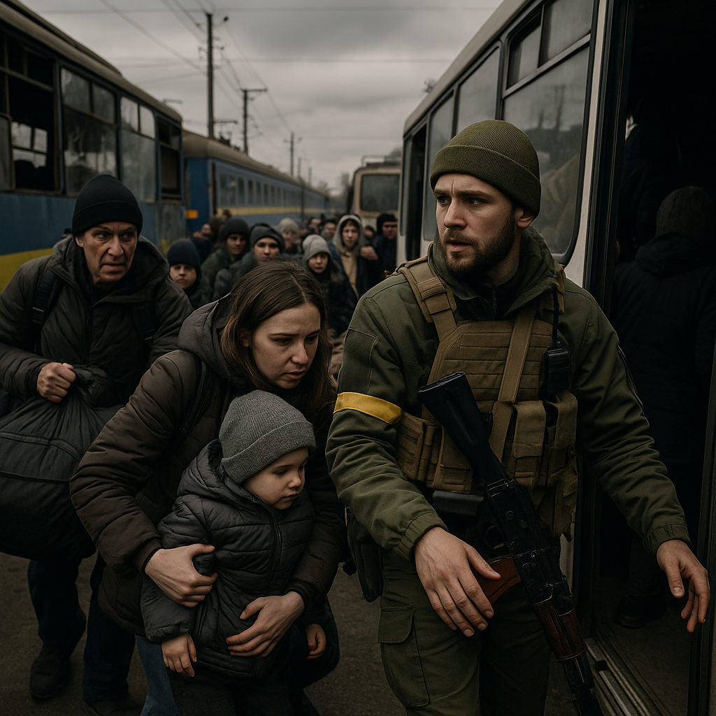 An urban scene showing Ukrainian men and families departing via buses or trains amidst conflict