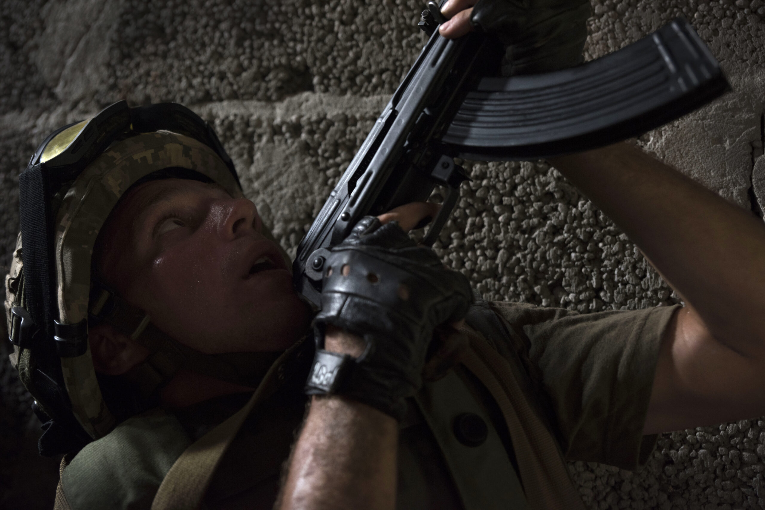 Ukrainian soldiers engaged in training exercises against the backdrop of a rural landscape