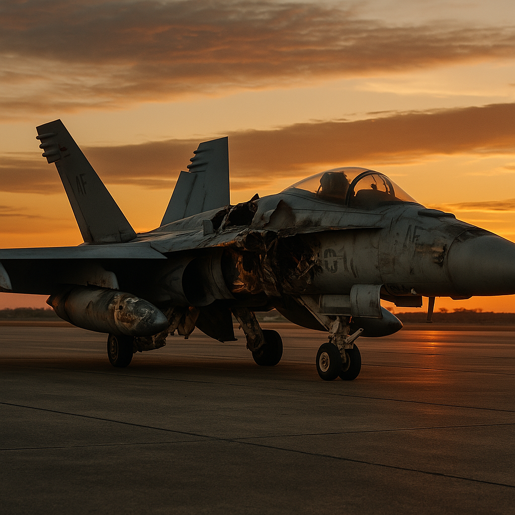 A damaged U.S. Air Force fighter jet on a tarmac