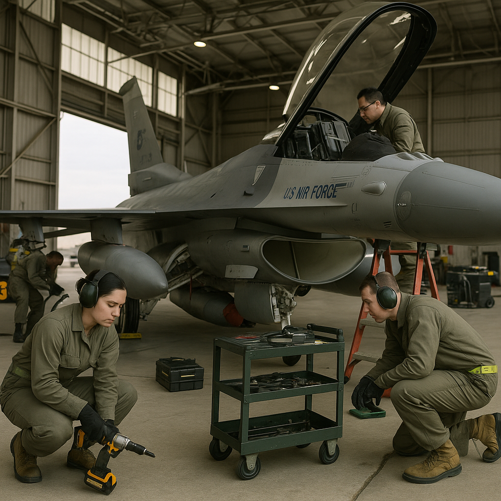 Military personnel preparing a fighter jet for deployment