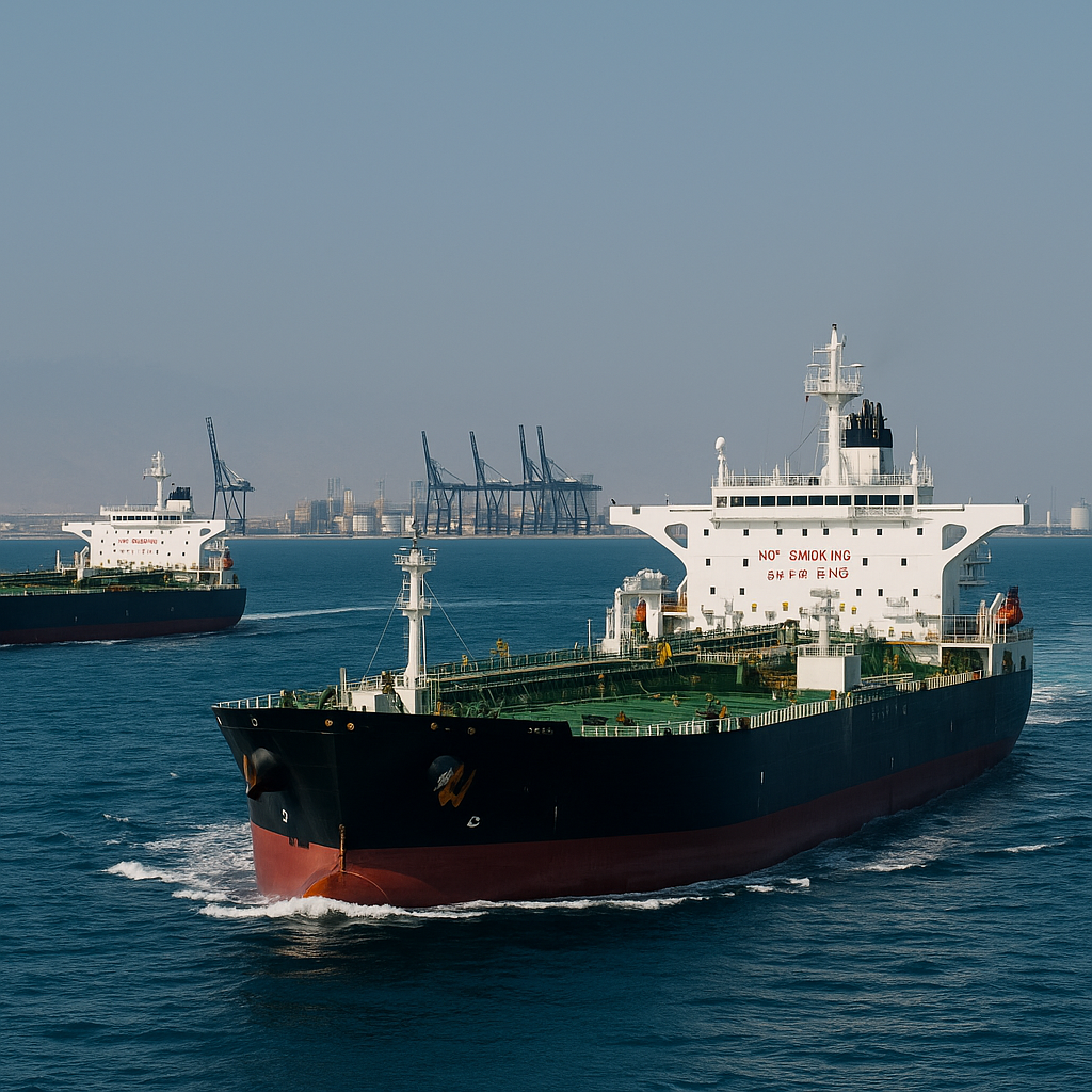 A busy seaport in the Strait of Hormuz, with oil tankers in transit