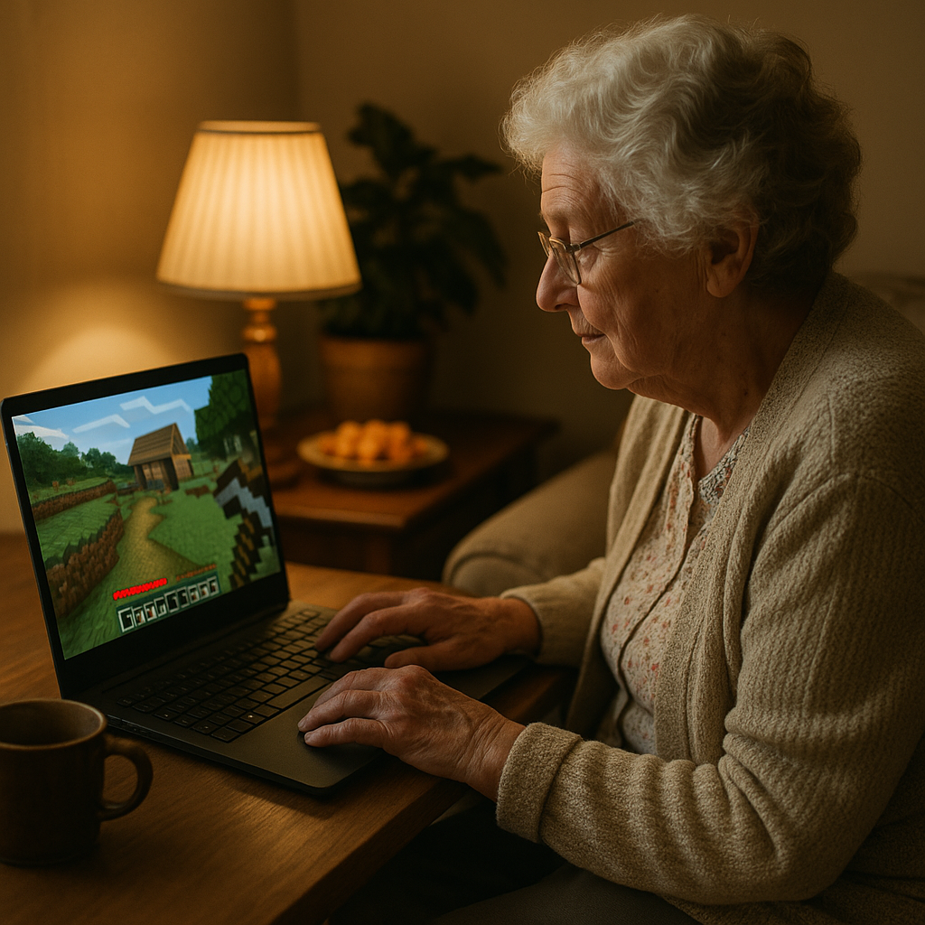 A cozy gaming setup with Minecraft playing on-screen