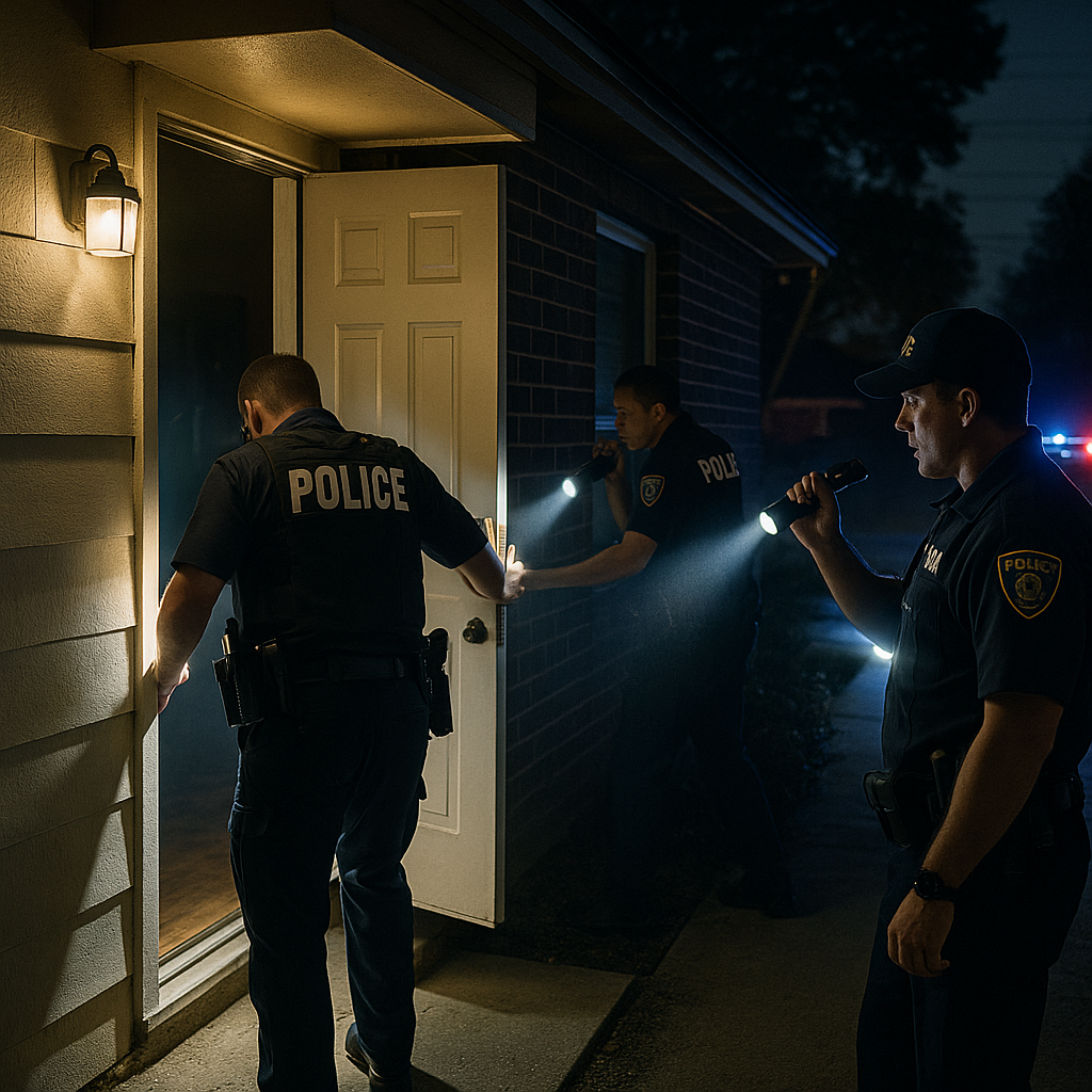 Police with flashlights entering a house at night