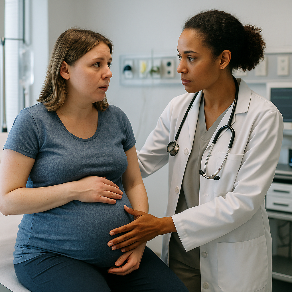 A doctor in a hospital giving prenatal care to a pregnant patient