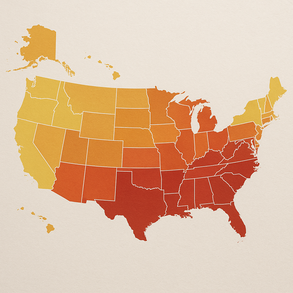 A map showing U.S. states where abortion is banned, shaded in different colors based on severity of restrictions