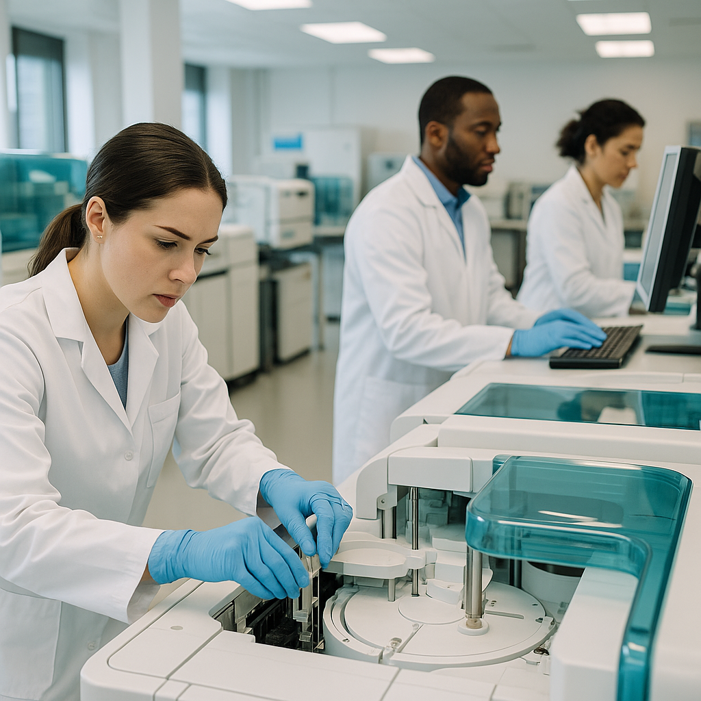 Close-up of lab technicians conducting tests on high-tech equipment