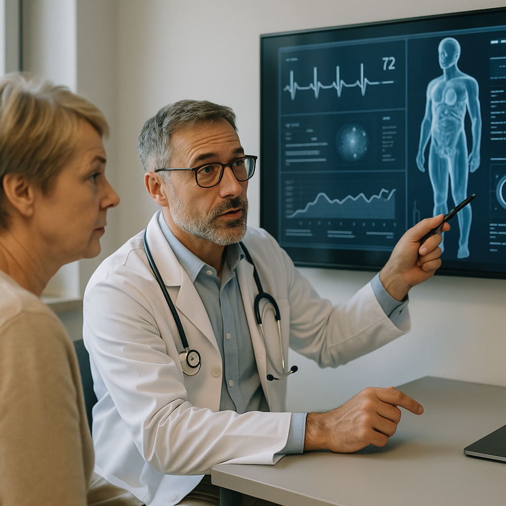 A patient consulting with a doctor while digital graphs of diagnostic data display on a screen