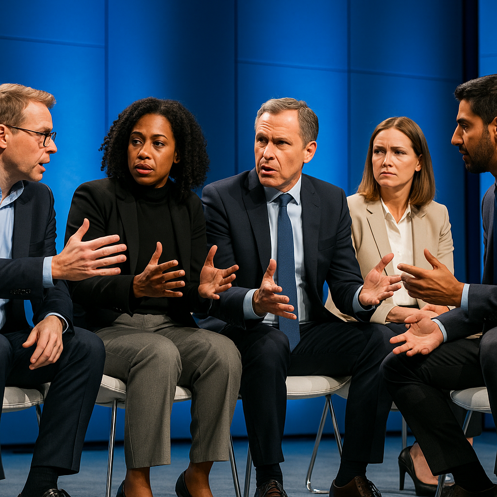 Diverse group of policymakers and tech leaders debating future technology regulations onstage at a conference