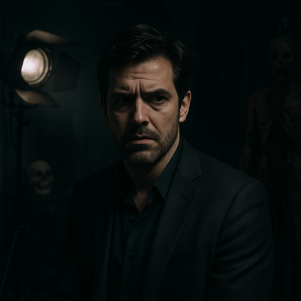 Adam Scott in a film-like setting, perhaps with shadowed lighting reflecting a horror theme