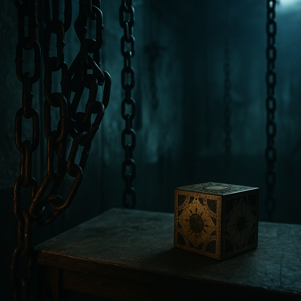 A cinematic horror set-up, with chains, eerie lighting, and atmospheric tension--a callback to classic Hellraiser aesthetics