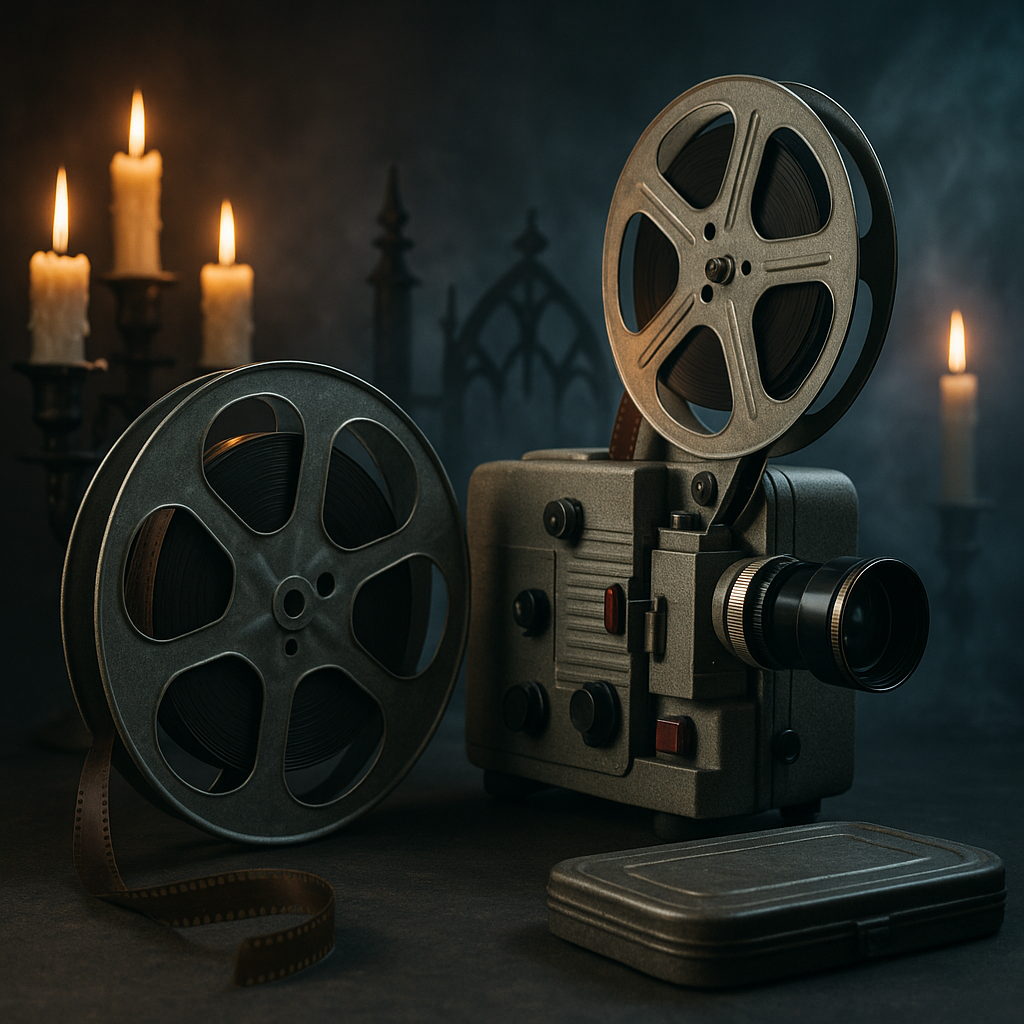 A film reel juxtaposed with horror-themed props like a puzzle box, chains, and candles--symbolizing Hellraiser's legacy