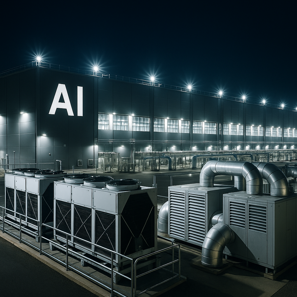 A large AI data center illuminated at night, showing rows of external cooling units