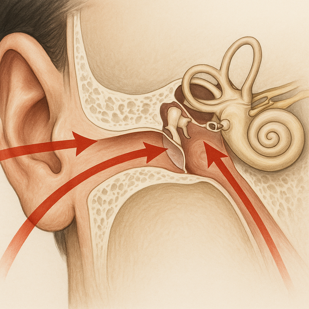 A diagram showing the anatomy of the human ear, emphasizing where low-frequency sounds may interact