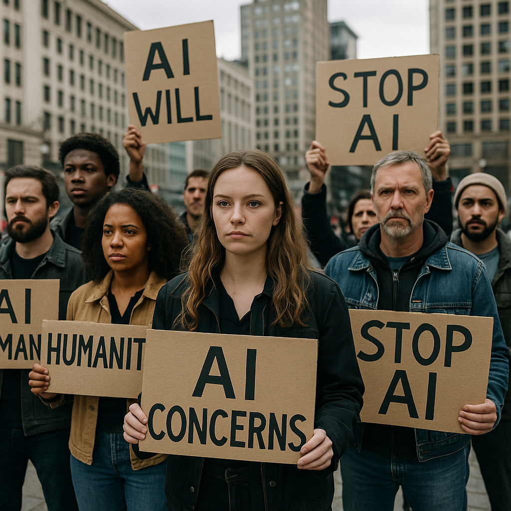 A protest with people holding signs about AI ethics and concerns