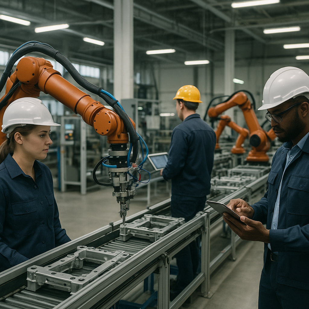A factory floor with robot arms working on production lines, alongside human workers