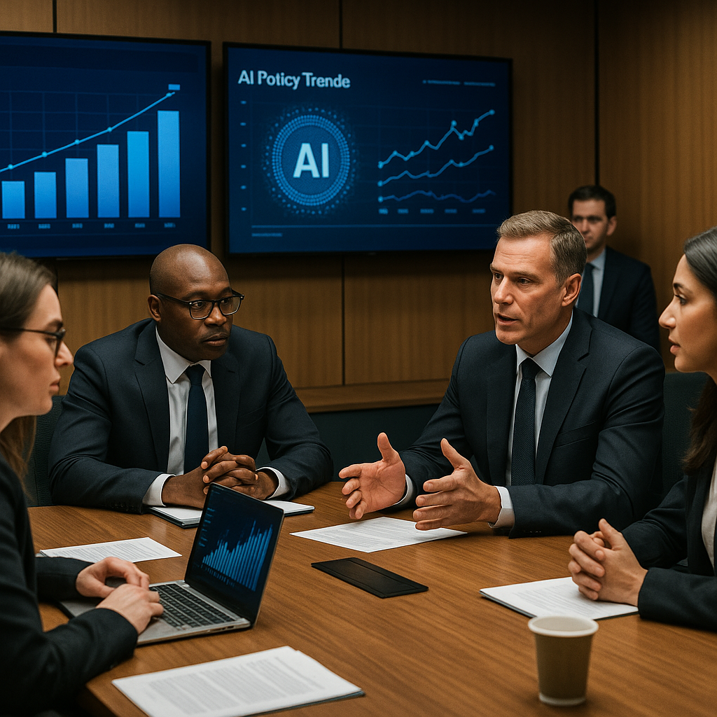 A government committee discussing technology policy, with screens showing data charts
